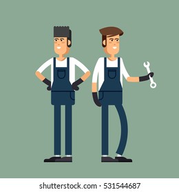 Cool vector illustration friendly smiling mechanics professional holding wrench and standing in different poses. Auto service workers and car technical maintenance.