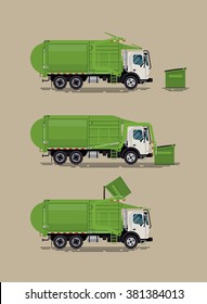 Cool Vector Illustration Of Front Loader Garbage Truck Operating With Dumpster Container. Sanitary Urban Heavy Vehicle For Residential And Commercial Solid Waste Collection