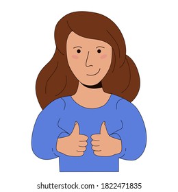 Cool vector illustration of a girl. Smiling woman showing like.