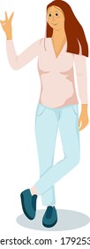 Cool vector illustration of a girl. A young woman shows the symbol of peace on her fingers. The picture is suitable for website, landing pages and more.