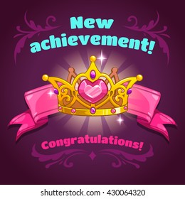 Cool vector illustration with golden princess crown on pink ribbon, new achievement game screen, super game trophy icon