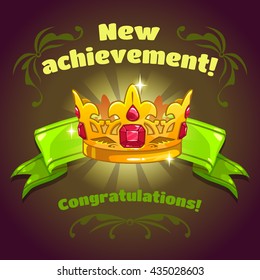 Cool vector illustration with golden princess crown on pink ribbon, new achievement game screen, super game trophy icon