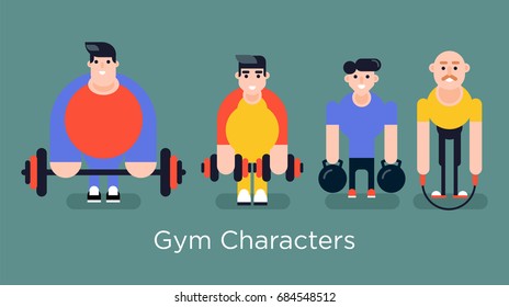 Cool vector illustration of gym sporty character. Gym man work out. Sporty man with work out tools.