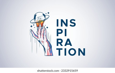 cool vector illustration, hand holding a bulb filled with colored liquid and rotating planetary rings. Hand drawn style. Symbol creativity, innovation, inspiration, invention and ideas.