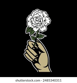 Ilustración vectorial fría de una mano sosteniendo una rosa blanca