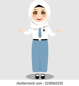 Una genial ilustración vectorial de una chica de secundaria con uniforme blanco y gris, mostrándose levantando ambas manos como hablando. Perfecto para proyectos escolares o promoción de la educación.
