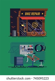 Cool Vector Illustration On Bicycle Repair Shop Exterior And Interior With Special Repair Equipment, Instruments And Hardware. Bike Mechanic Workplace