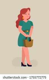 Ilustración vectorial fría sobre el personaje femenino de moda con el pelo rojo vestido verde de verano y un bolso de paja, aislado