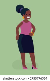 Cool vector illustration on fashionable African woman character with afro puff wearing velvet hair wearing black skirt and purple blouse, isolated