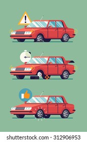 Cool vector illustration on flat tire replacement with sedan car standing with emergency stop signals blinking in different stages. Standing with flat tire, wheel replacement, ready to drive