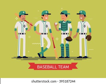 Cool Vector Illustration On Group Line-up Of Fully Equipped Baseball Or Softball Players Characters In White And Green Clothes, Full Length. Sport Professional Career Concept Layout On Baseball Team