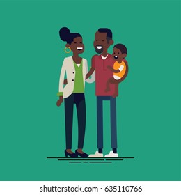 Cool Vector Illustration On Happy African Family. Cheerful African Family Holding Each Other. African American Parents Holding Baby. Mother, Father And Child Together, Modern Flat Design