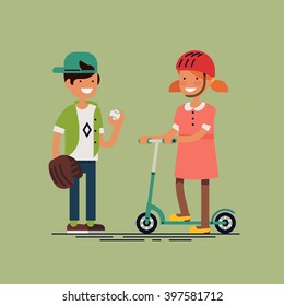 Cool vector illustration on kids ready for action. Little boy and girl having free time playing baseball, riding scooter. Children play. Boy with ball and fielder glove and girl with kick scooter