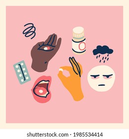 Cool vector illustration on medication. Set of cartoon hand drawn elements on antidepressants with hands holding pills, open mouth with tablet on tongue, tired emoji face with raincloud above