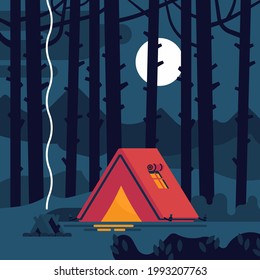 Cool vector illustration on night in a forest camp with lit up tent and smoking fireplace with trees silhouettes and moon on background