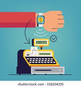 Cool vector illustration on pay with smart watch | Contactless payment system on wearable bracelet devices concept illustration