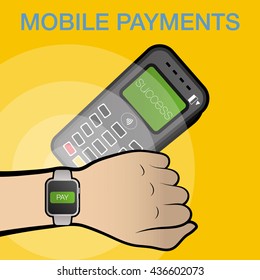 Cool vector illustration on pay with smart watch | Contactless payment system on wearable bracelet devices 