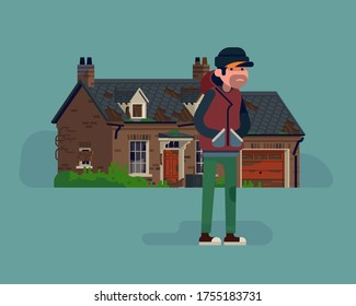 Cool vector illustration on squatter character standing in front of abandoned suburban house with garage