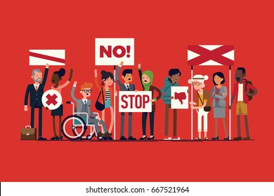 Cool vector illustration on various people on strike. Multicultural diverse group of protesters holding abstract signs of disagreement. Discontent people demonstration