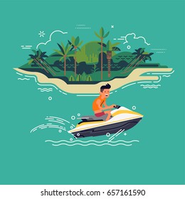 Cool vector illustration on water jet scooter. Water sport and recreation. Man riding personal water craft with island on background