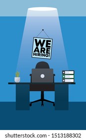 Cool vector illustration on "We are hiring" with empty office workplace ready to be occupied by employee