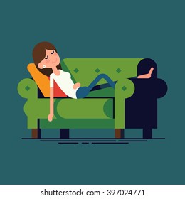 Cool vector illustration on woman character taking nap on couch. Adult girl napping. Relaxed woman sleeping or dreaming. Female person having a rest lying on couch at home, flat design, isolated