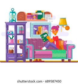 Cool vector illustration on woman reading book lying on couch. Young adult girl having a rest with good book. Flat vector illustration.