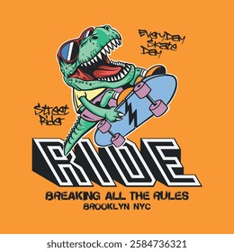 Cool vector illustration of a skateboarding T-Rex with bold typography and vibrant colors. Perfect for streetwear, posters, and summer designs.