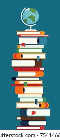 Cool Vector Illustration Of Tall Book Stack With Globe On Top. Vertical Design Element On Reading, Learning, Knowledge And Education