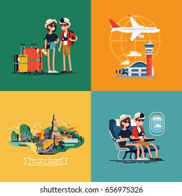 Cool vector illustrations on travelers couple going to Thailand featuring airport, luggage, landmarks and highlights, airplane cabin seats