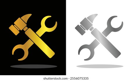 Cool vector image of gold and metallic hammer and wrench on black and white background