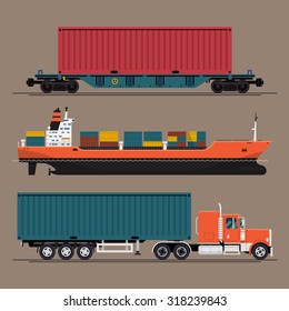 Cool vector items on freight transport with freight flat car with container, cargo ship, semi trailer tractor unit with sleeper pulling container | Seaway, railway, road freight commercial cargo 