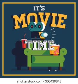 Banner web o plantilla de afiche de vector genial 'It's Movie Time'| Diseño conceptual de moda en entretenimiento para ver películas en casa. Ideal para diseño web, gráfico y de movimiento