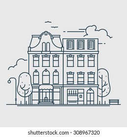 Cool vector linear town street building facades | Thin line urban district graphic and web design element featuring beautiful houses contour