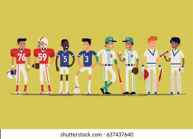 Cool vector line-up of sportsmen characters. Confident football, soccer, baseball and cricket players standing in different poses wearing uniforms. Sport career professionals