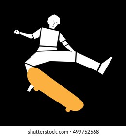 Cool vector man character jumping on longboard skateboard concept. Confident boy doing flip with skateboard. Urban citizen character. Flat skateboard illustration