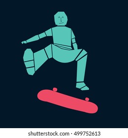 Cool vector man character jumping on longboard skateboard concept. Confident boy doing flip with skateboard. Urban citizen character. Flat skateboard illustration