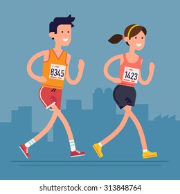 Cool vector marathon road race runners in trendy flat design | Young adult man and woman fitness characters participating in long distance running even with marathon number tags on