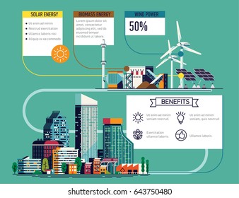 Cool vector megapolis renewable energy resources infographic layout template. Zero emission green energy for city needs. Ecosystem and environment friendly electricity