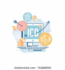 Cool vector minimalistic ICO or Initial Coin Offering startup cryptocurrency themed illustration with fintech themed elements, icons and symbols