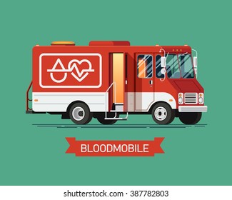 Cool Vector Mobile Blood Donation Center Vehicle. Healthcare Transport Illustration Bloodmobile Van. Medical Special Red Truck Vehicle For Blood Donation With Open Door Ready To Recruit Donors