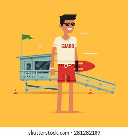 Cool vector modern flat character design on young male lifeguard standing full length holding rescue buoy with lifeguard tower in background