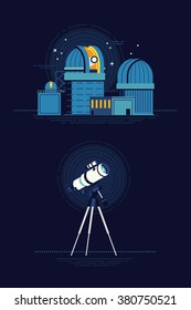 Cool vector modern observatory at night with telescope flat illustration. Astronomy science planetarium building and instrument equipment for celestial bodies observation