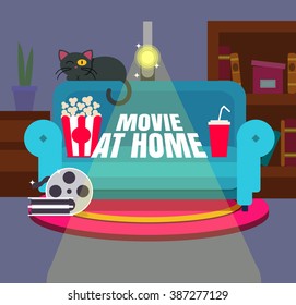 Cool vector 'Movie at home' flat design illustration. Trendy concept design on home movie watching entertainment with blue sofa couch and film projector. Ideal for web, graphic and motion design