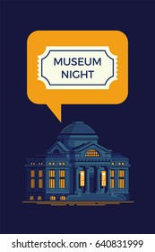 Cool vector Museum Night concept layout in flat design. Annual city cultural public event. Night of museums poster or banner template. Museum remains open late at night