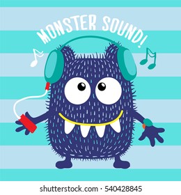 Cool vector navy monster character with blue headphones listens music. Urban monster character.