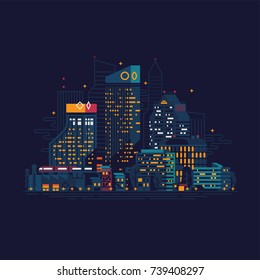 Cool vector night cityscape flat design illustration