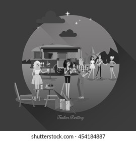 Cool vector night landscape in circle composition with trailer car, flat character of young people travelers. Student tourists friends, couple ready to road trip. Woman and man having summer trip
