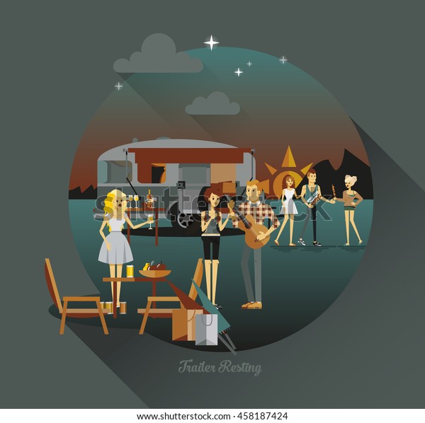 Cool vector night\
landscape in circle composition with trailer car, flat character of\
young people travelers. Student tourists friends, couple ready to\
their road trip. 