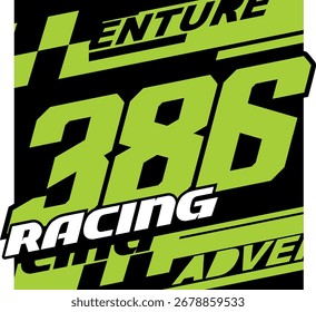 Coole Vektornummer 386 grün und Text RACING, Aufkleber Print Design Konzept, abstrakter Hintergrund.